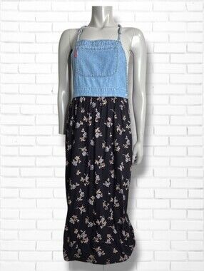"Vintage Blue" Mixed-Media Denim Bib Bodice Floral Print Skirt Dress Size S/M